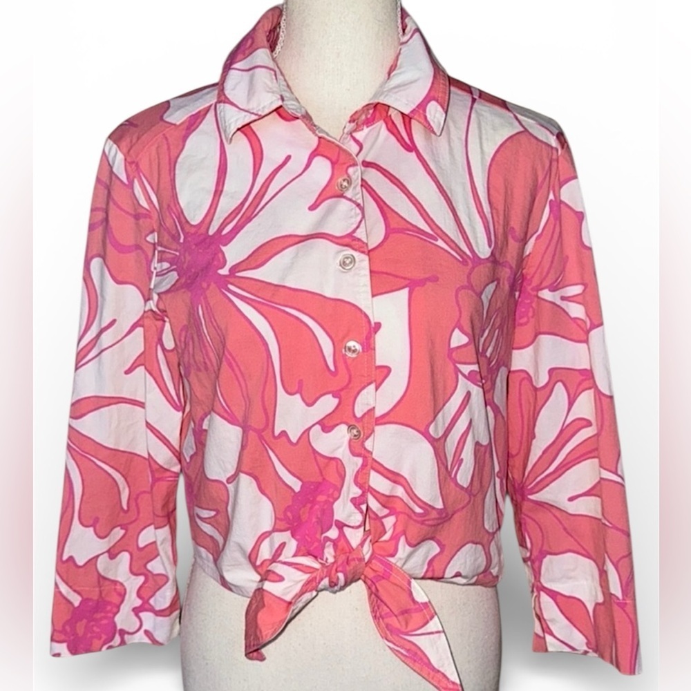 Resortwear Coastal Floral Tonal Pink and White Button-Up Blouse Tie Front Sz S